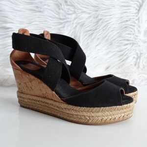 Tory Burch Natanya Black Crisscross Strappy Canvas Cork Espadrille Wedge Sandals